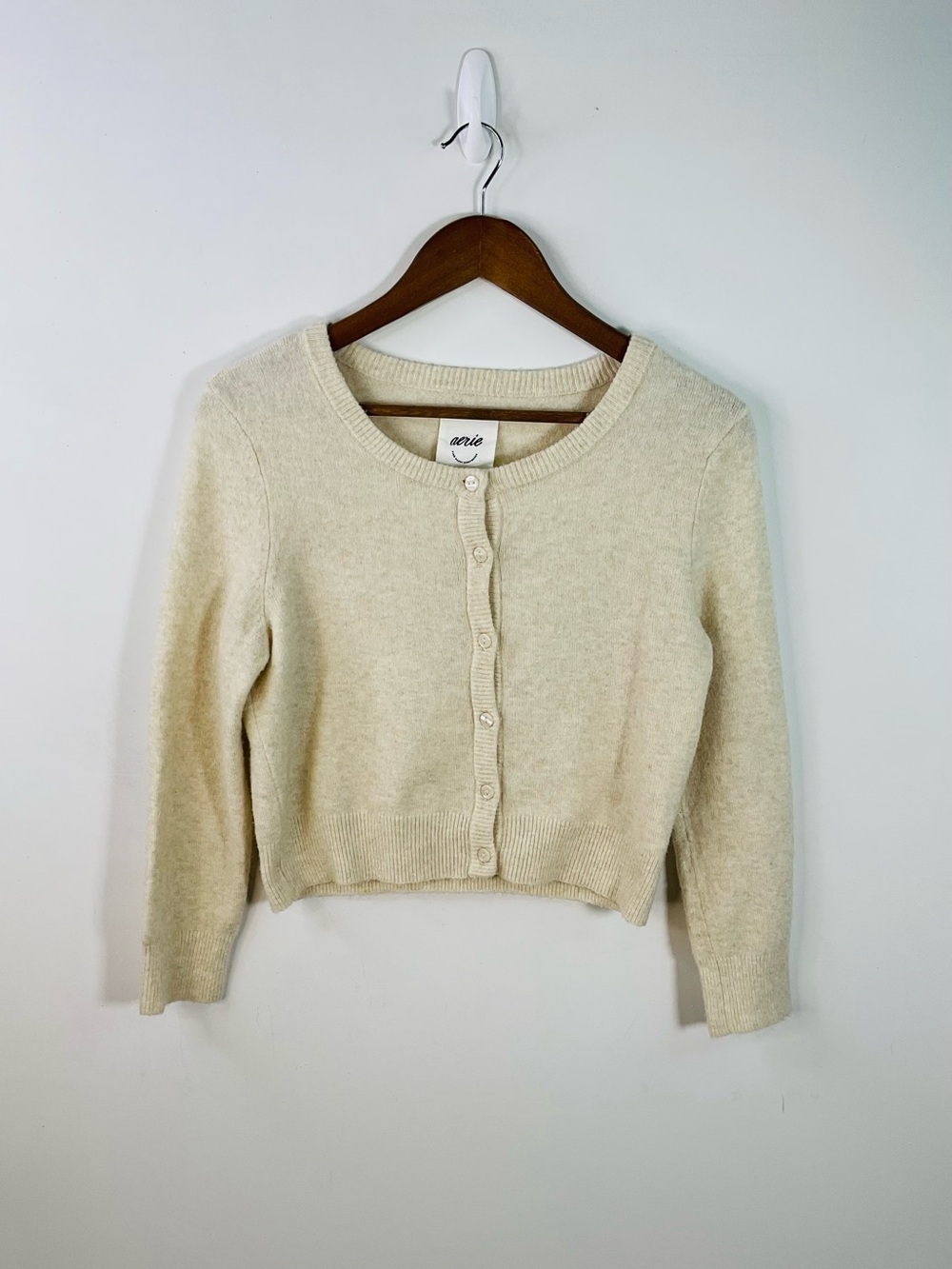 Aerie Cream Button-Front Cropped Cardigan Size Large